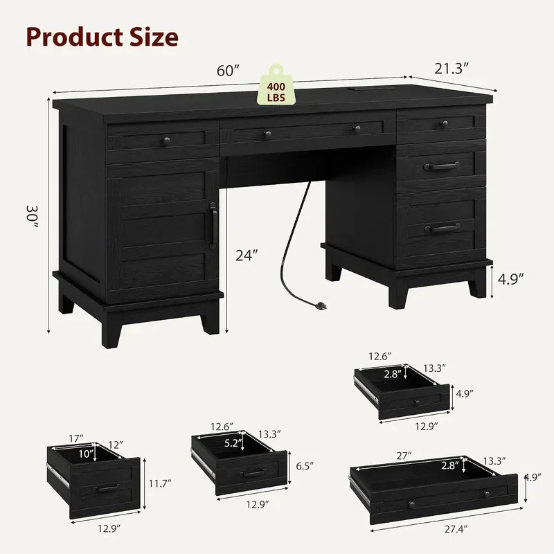 60 Wooden Home Office Desk with File Drawers Executive Desk with Adjustable Cabinet Farmhouse Wood Desk with Power Outlet