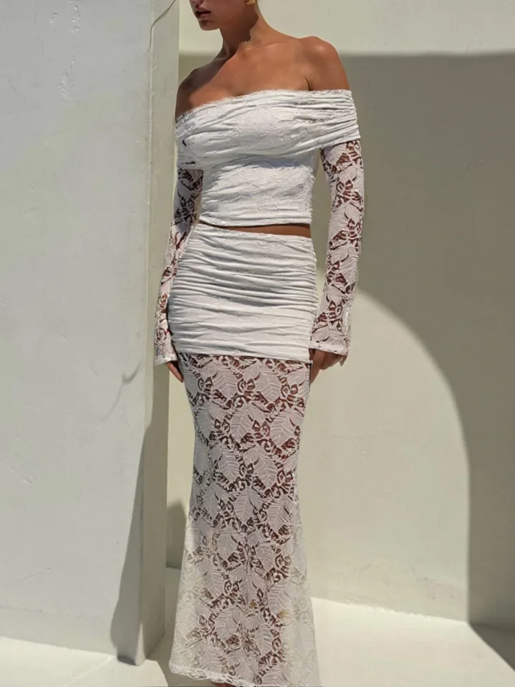 

EOENKKY Кружевной прозрачный сексуальный комплект из двух предметов, женская белая футболка без бретелек с открытой спиной и длинным рукавом и макси-юбка, одинаковые комплекты