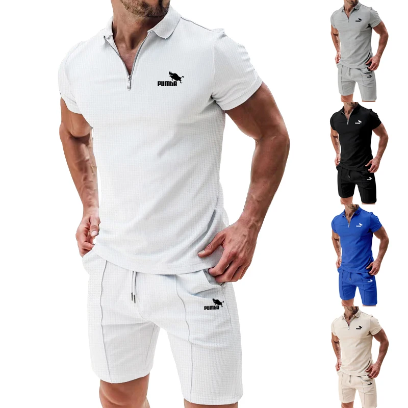 

Summer Street Casual Men's Set Solid Color Logo Print Slim-fit Zipper Men's Wear Sports Lapel T-shirt And Shorts Two-piece Set
