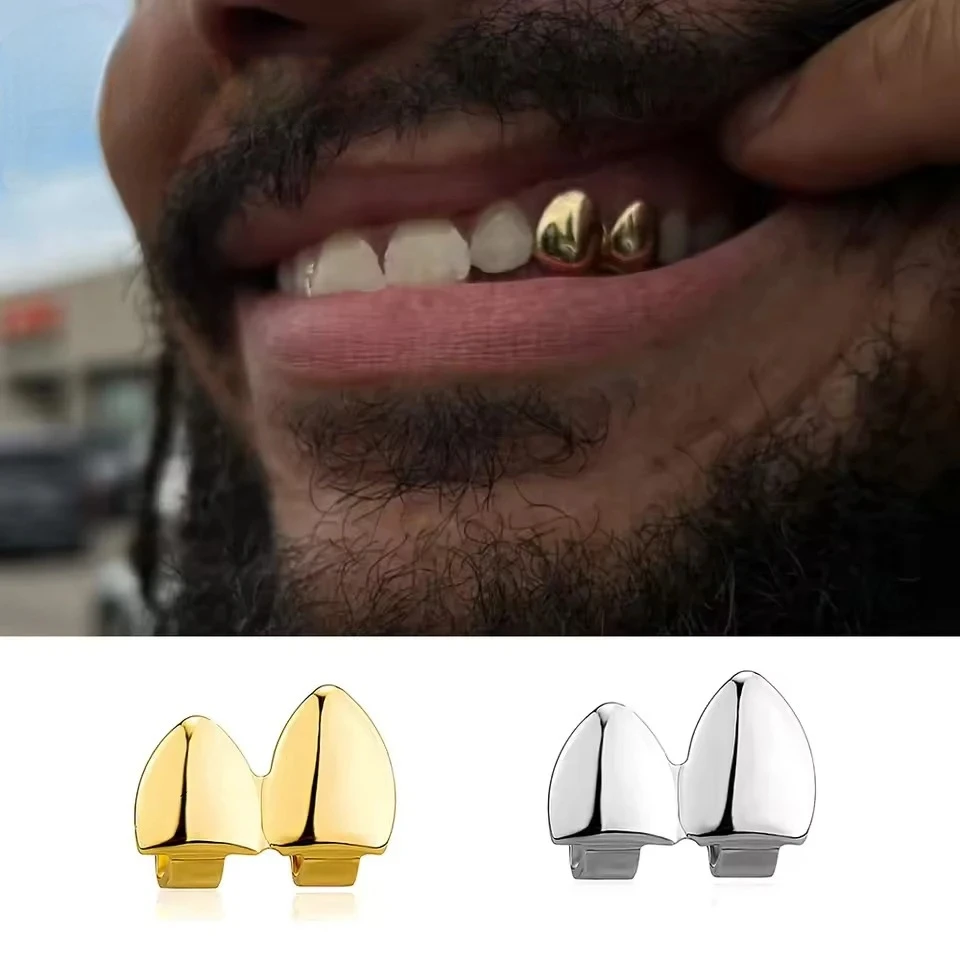 Double Glossy Teeth Grillz Gold Silver Color Tooth Caps Fangs Dental Grills For Women Men Jewelry Cosplay Halloween