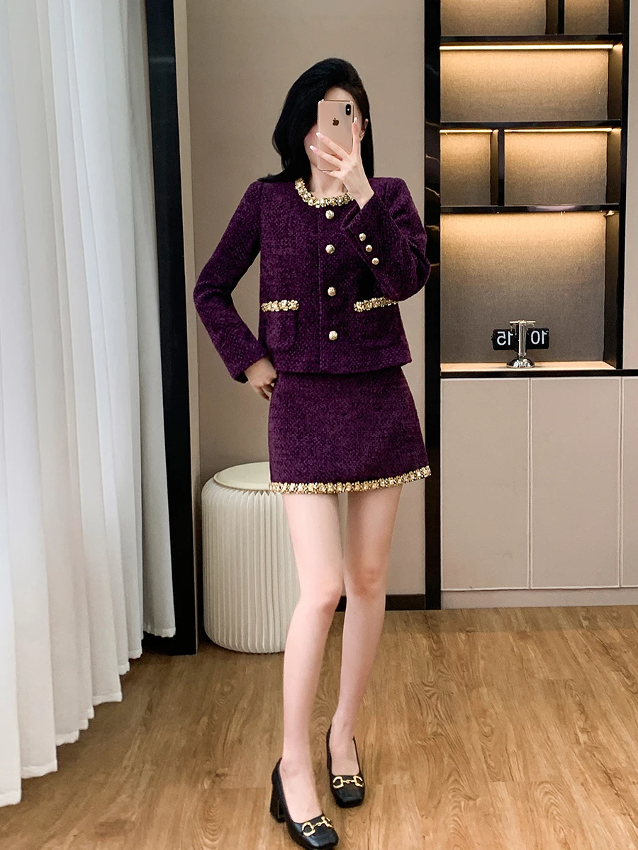 Luxury Brand Purple 2 Piece Set For Women Fall Winter Diamonds Jacket Coat+Mini Skirt Suits Elegant Fashion Womens Office Outfit