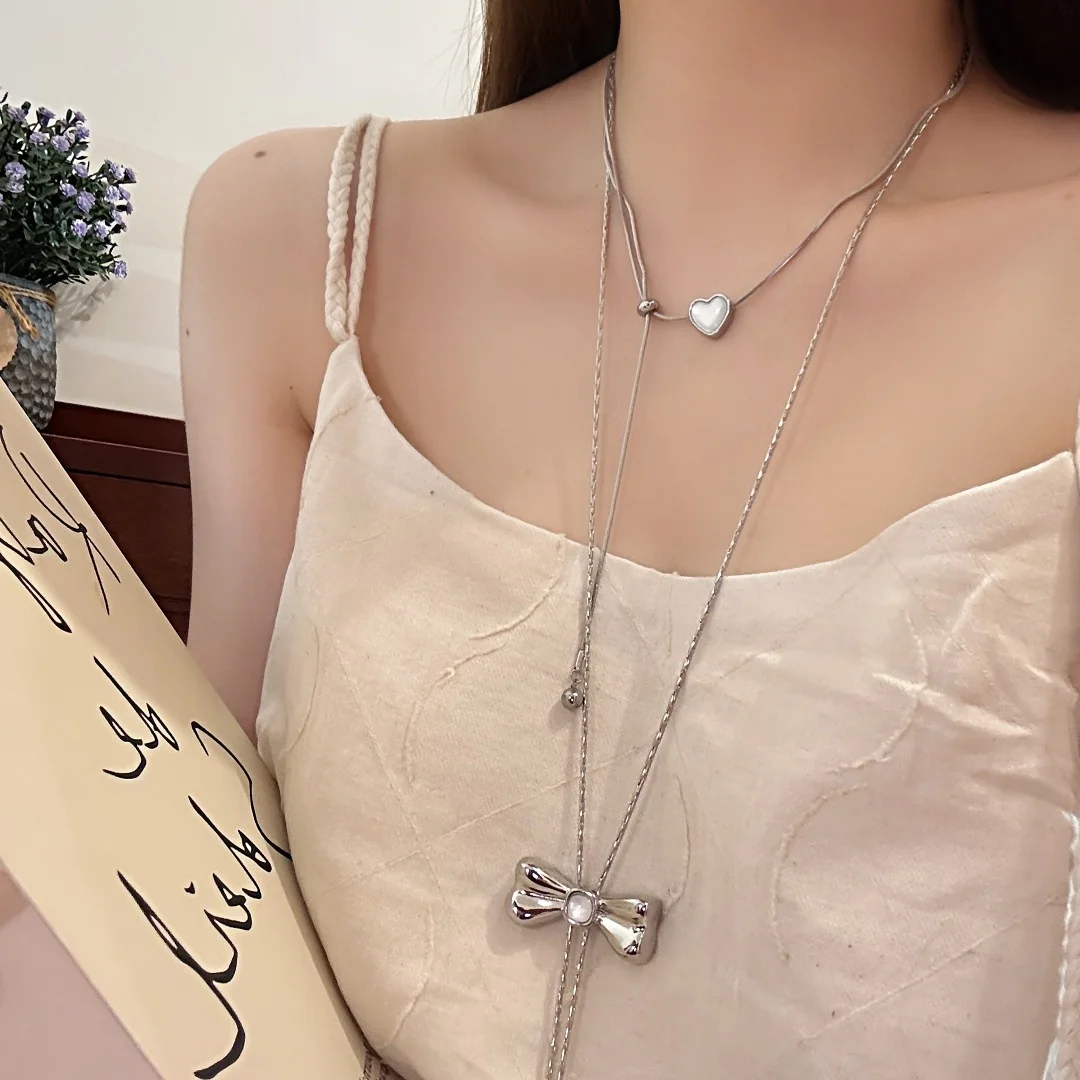 

DUTRIEUX Heart Bowknot Double Layer Pendant Choker Necklace For Women Y2K Style Niche Design Clavicle Chain Jewelry Accessory