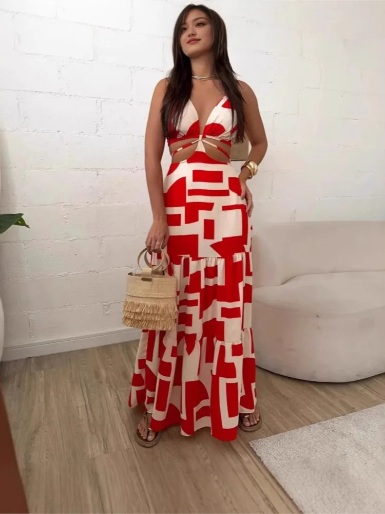 

Summer New Fashion Geometric Printed Dress Temperament Elegant Suspender Hollow Backless Waist V-neck Tie Commuting Dresses