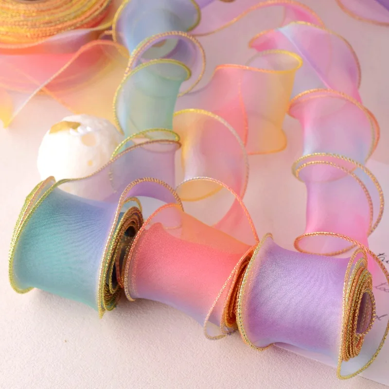 

6cm Rainbow Gradient Gold Trimmed Sheer Ribbon - 28M DIY Craft Material for Kids Hair Bows, Wedding Decor, Gift Packaging