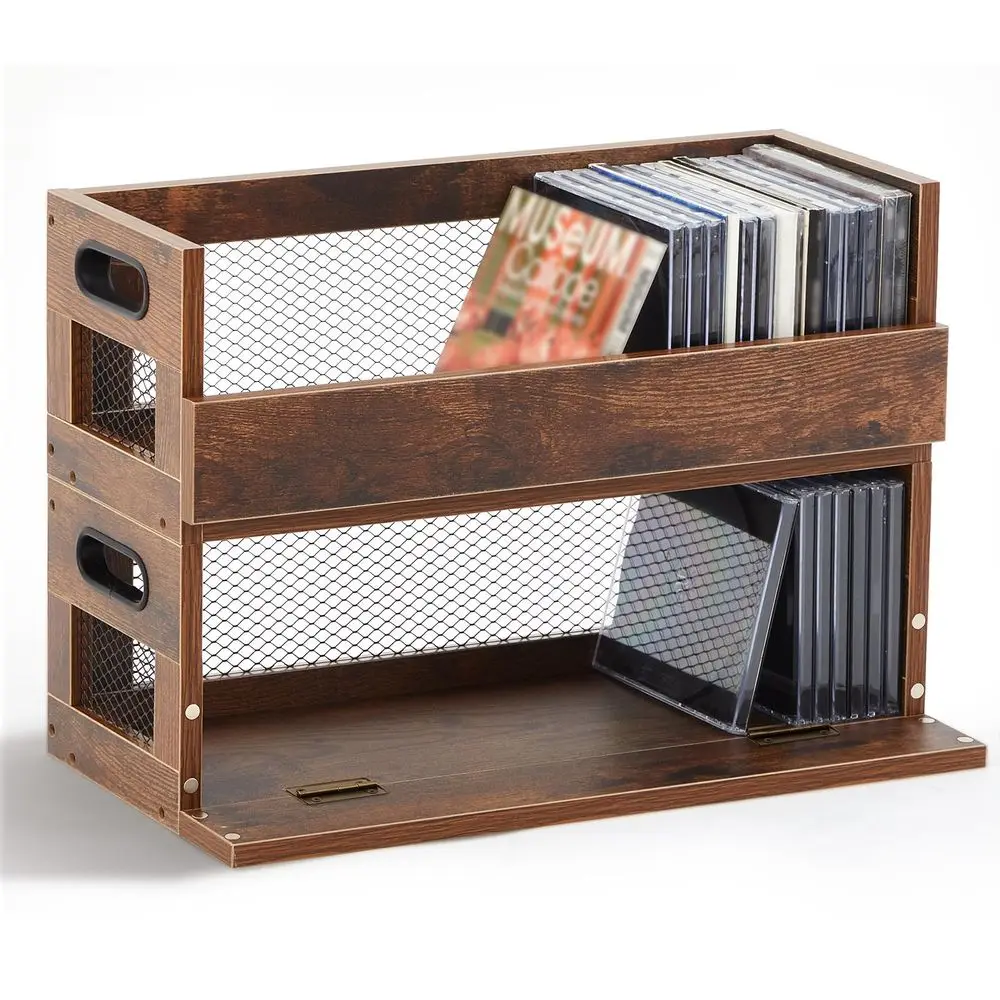 

Набор из 2 ретро-органайзеров для CD-дисков: металлические и деревянные стеллажи-витрины с ручками для переноски, полки для хранения кассетных лент