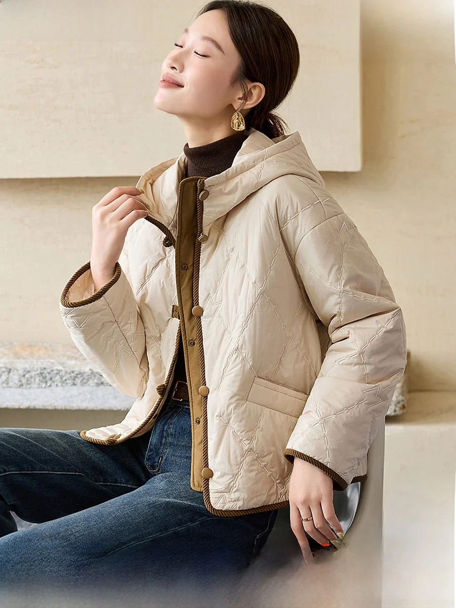 

Mehaimeisi Casual Contrast Color Embroidered Letter Design Cotton Jaet Hooded ort Sle Women's Coat Korean Version Strai...