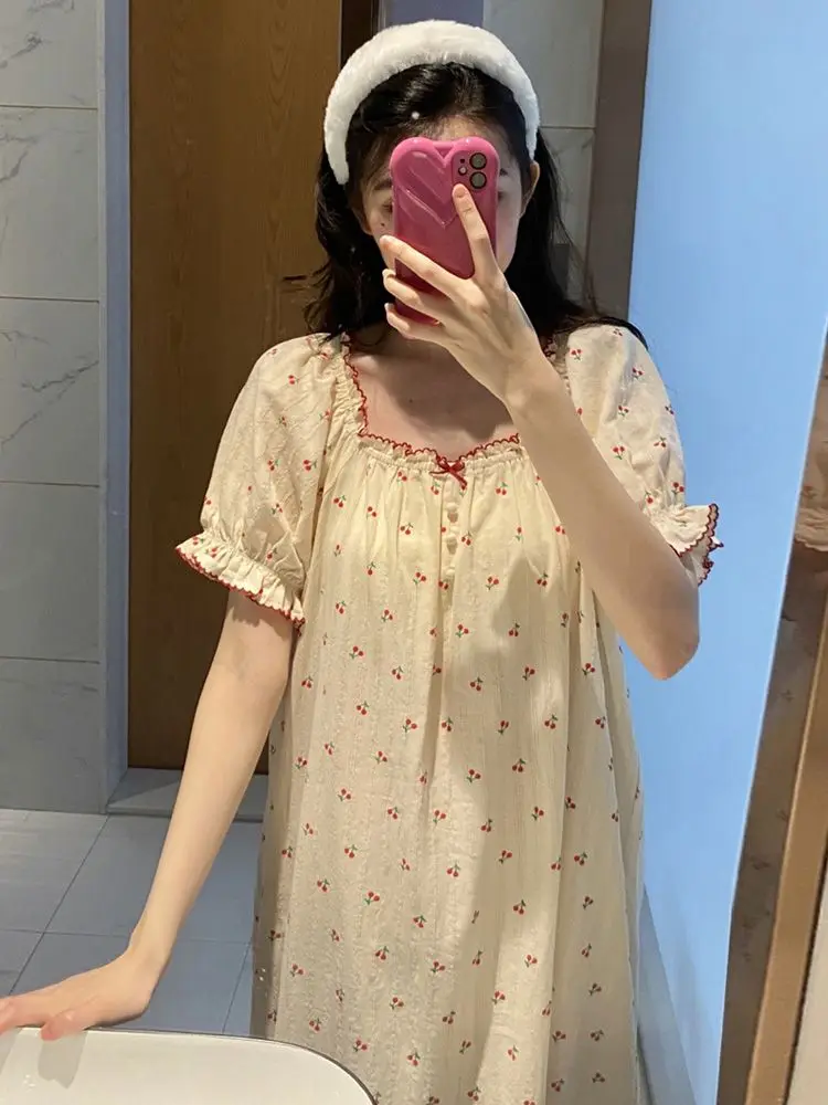 Cherry Nightgown Sleepwear Women Korean Summer One Piece Pajamas Dress Ruffle Short Sleeve Cute Night Sleeping Bow Home Wear New