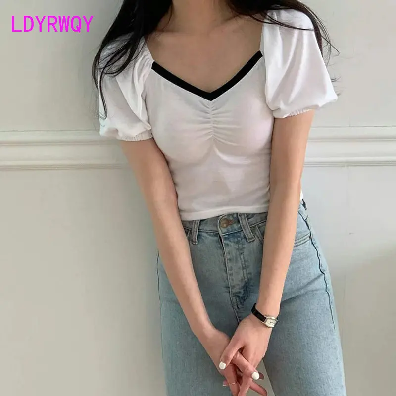 

New Hussen slim V-neck pleated color-block puff short sleeves slim short T-shirt women