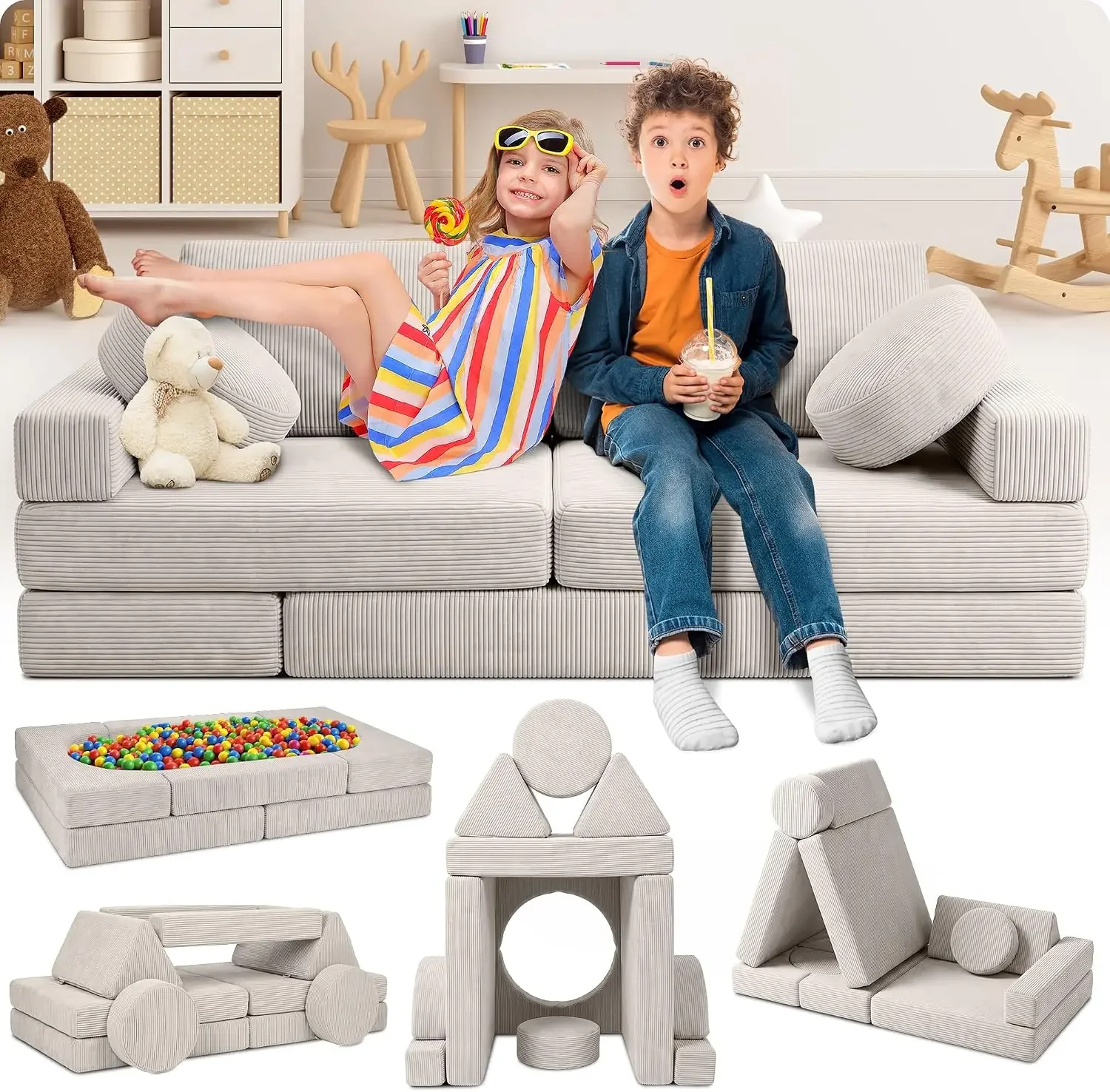 Modular Kids Play Couch, 14-Piece Sectional Sofa, Beige | Playroom furniture for building forts, slides & reading nooks — from t