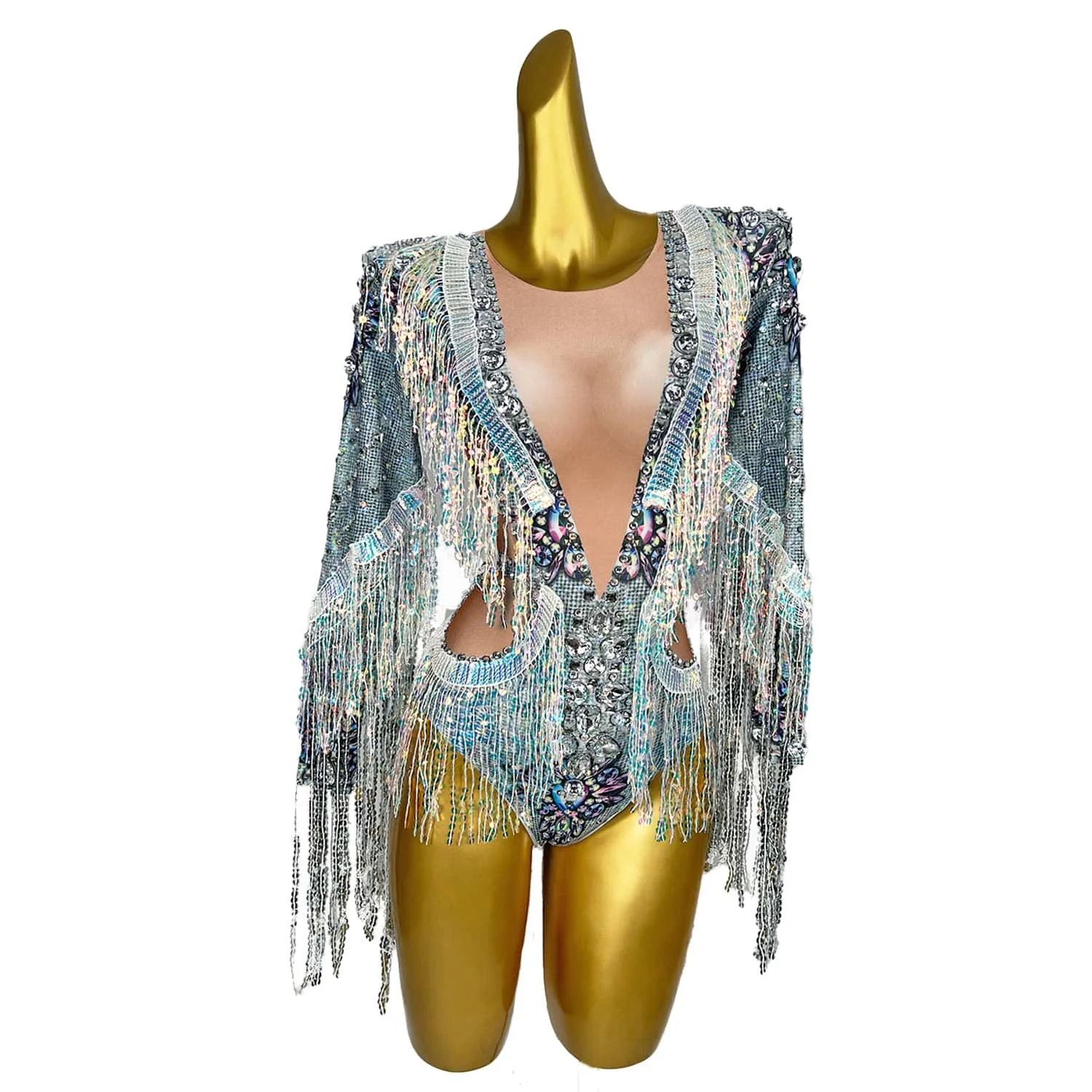 Sparkling Sequin Tassel Party Bodysuit Women Stretch Dance Fringes Diamonds Jumpsuit Club Bar Singer Leotard Stage Wear Qiaqia