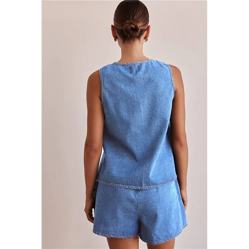 

ABP-Women Tie Front Top 2 Piece Outfit Denim Set Sleeveless Deep V Neck Vest Jean Elastic Waist Shorts Sets