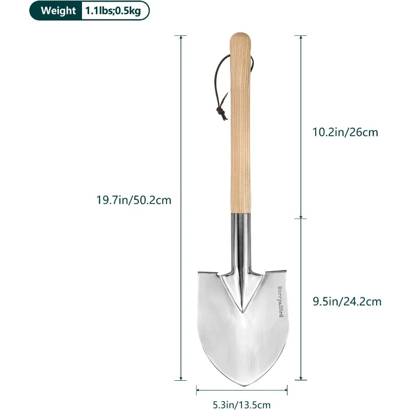 Pá de mão curta, pá de ponta redonda de aço inoxidável diggin de 19,8 '' com serrilhada para corte, transplante e capina