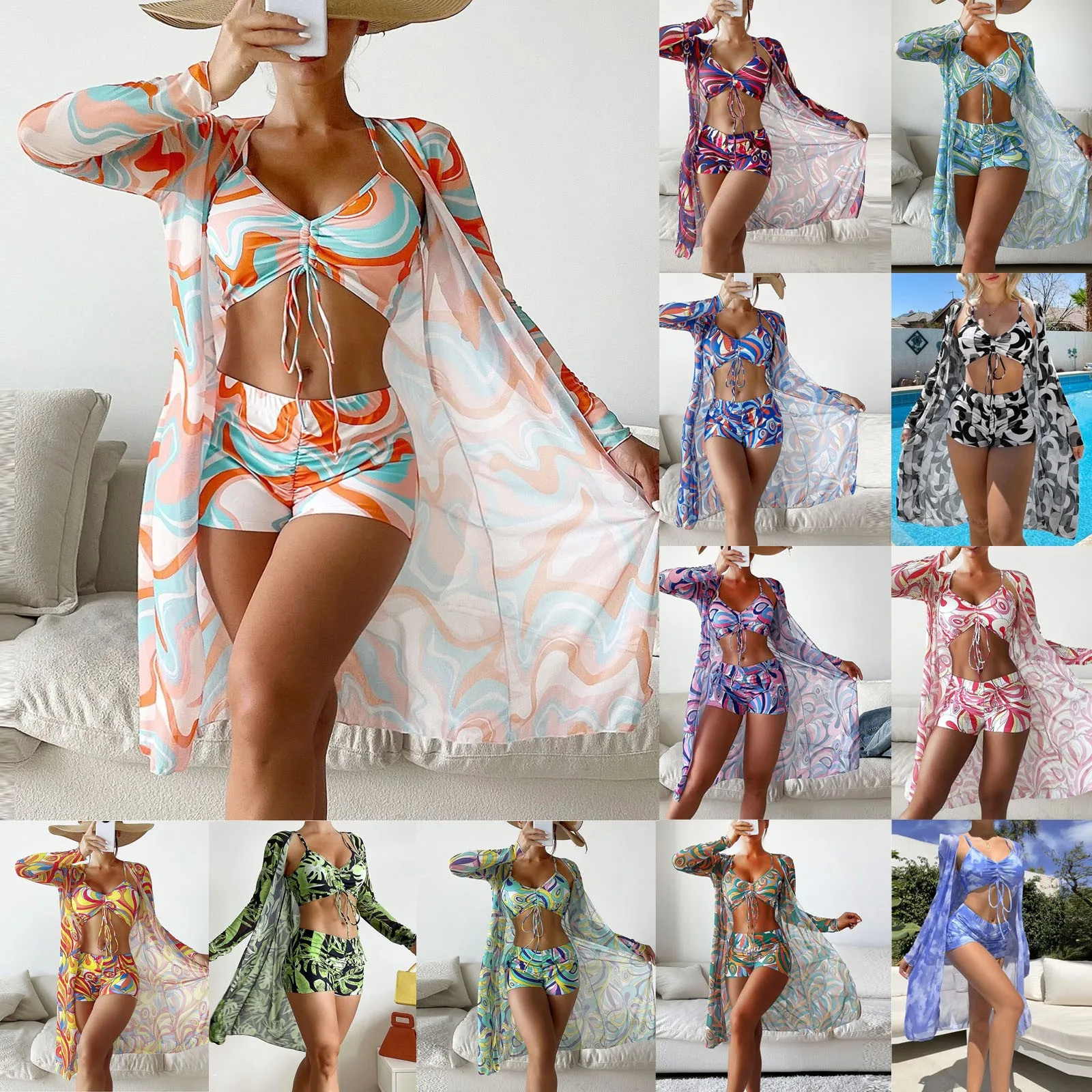 Bandage High Waist Bikini Set Cover Up Swimsuit For Women Push Up Long Sleeve Three Pieces Swimwear Beach Bathing Suits