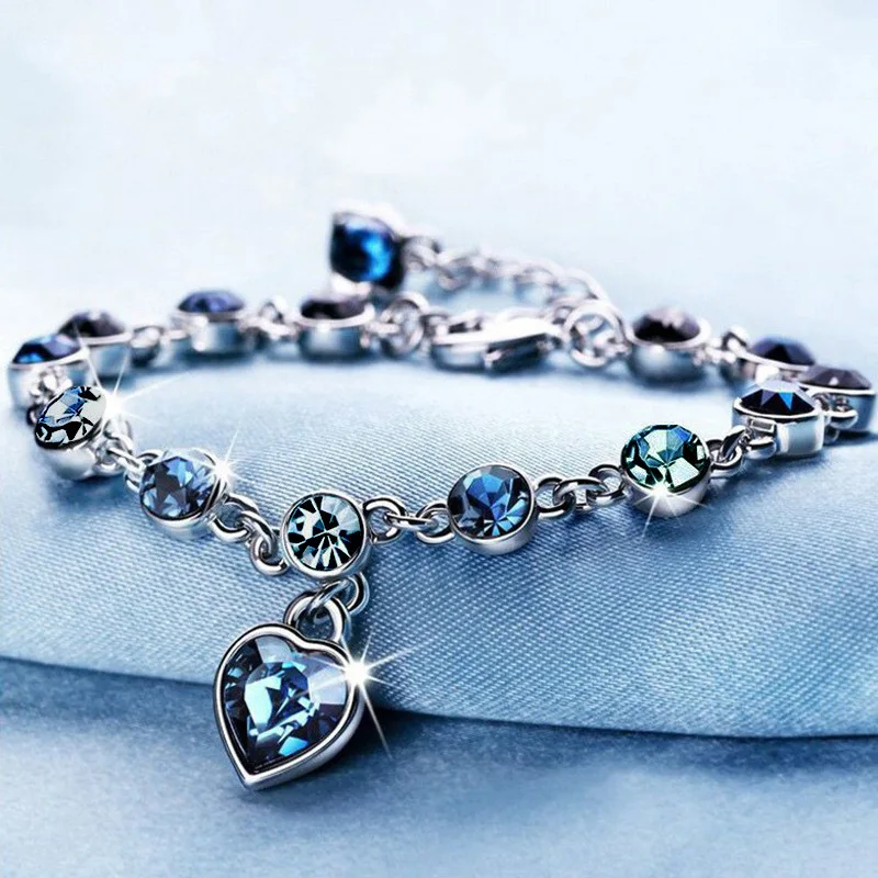 Women Silver Color Lucky Bracelet Female Blue Crystal Heart Charm Pulseras Bracelet Bridal Wedding Engagement Fine Jewelry Gift