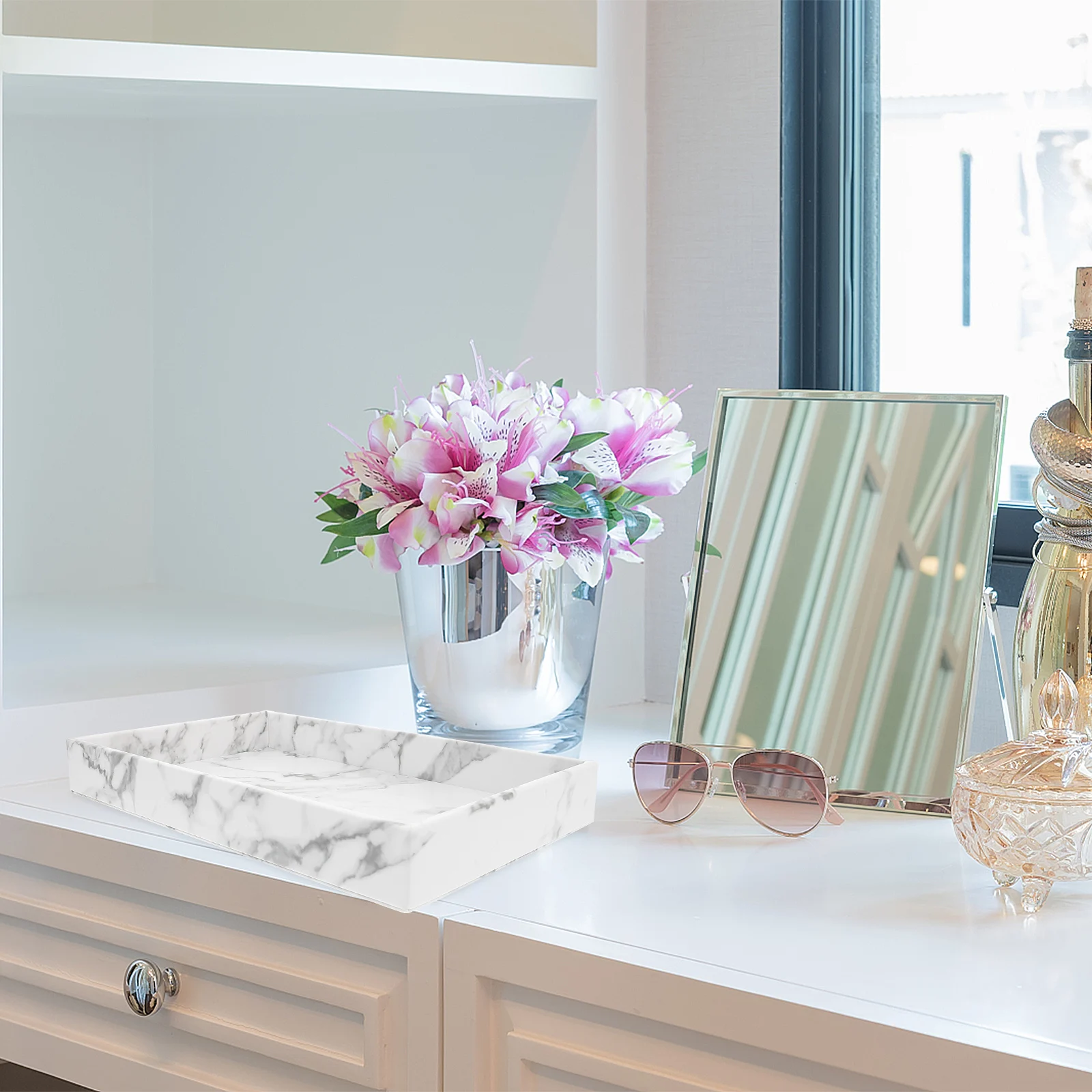 

Marble Grain Tray for Storage Jewelry Perfume Home ganizing Sundries Desktop Bathroom Elegant Finishing Clean
