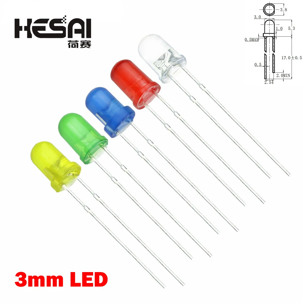 100Pcs/lot 3mm LED Light Assorted Kit DIY LEDs Set White Yellow Red Green Blue 5kinds