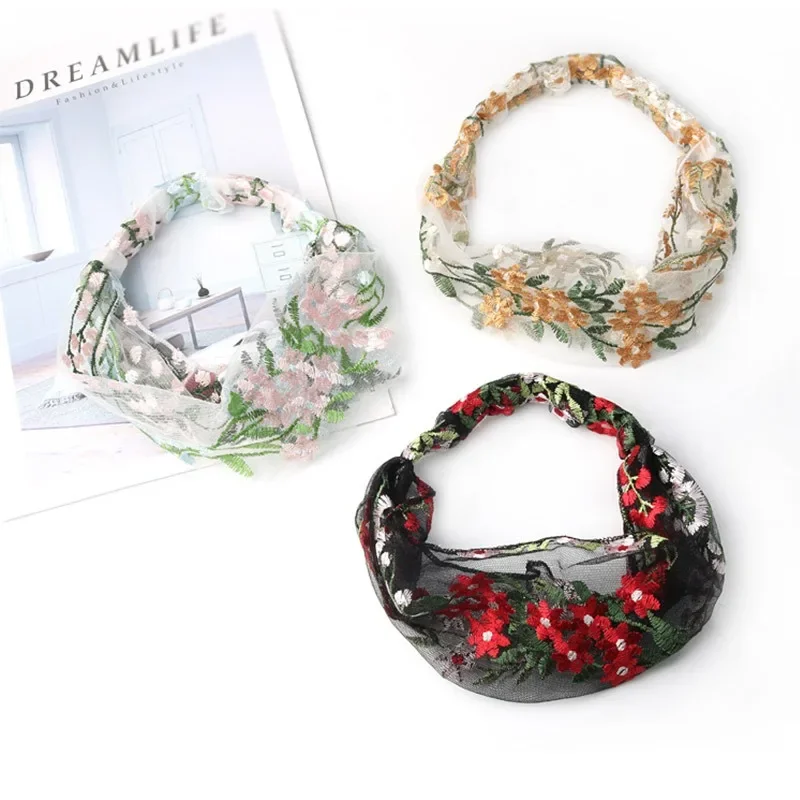 الكورية نمط واسعة الدانتيل رباط شعر المرأة أزياء رقيقة مطرزة عقال غطاء رمادي الشعر إكسسوارات الشعر