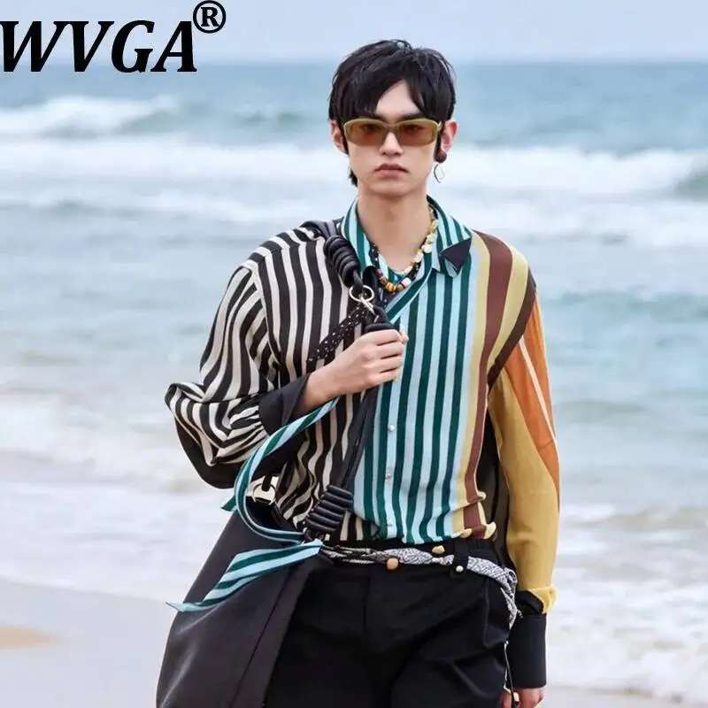 WVGA Spring Autumn New Men Vintage Striped Casual Loose-Fit Vacation Long Sleeve Thin Shirt With Ribbons Ncihe Chic Tops  W24823
