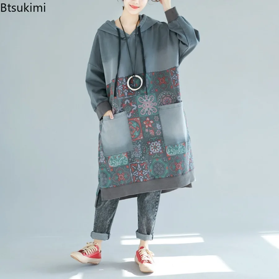 Spring Autumn New Women's Vintage Long Hoodies Fashion Print Casual Pullovers Big Pockets Splice Hooded Dress Women Sweatshirts