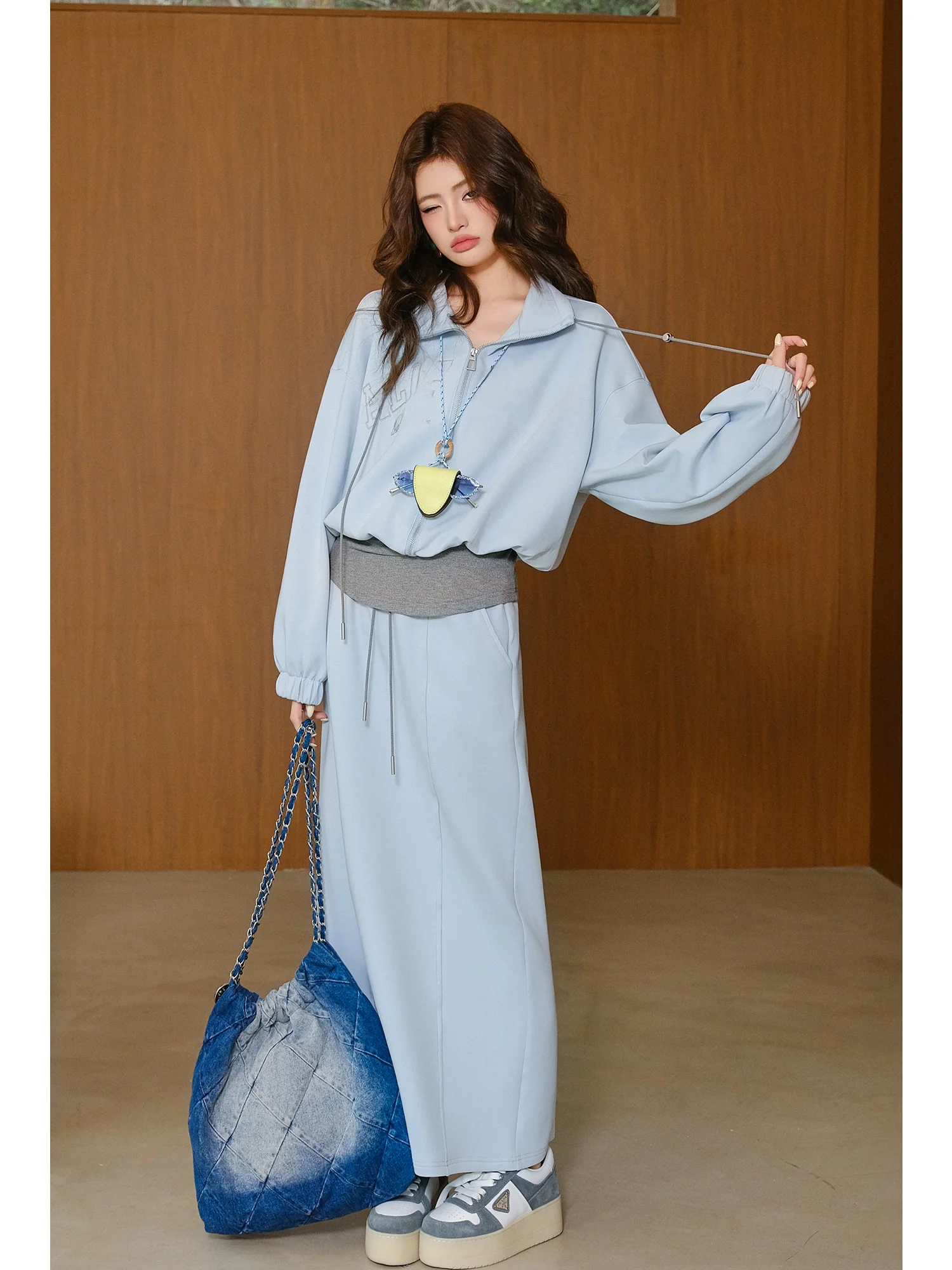 

MIUCO Korean Style Casual Cotton Set High Waist Long Skirt Blue Two-Piece Suit Leisure Comfortable Spring Fashion