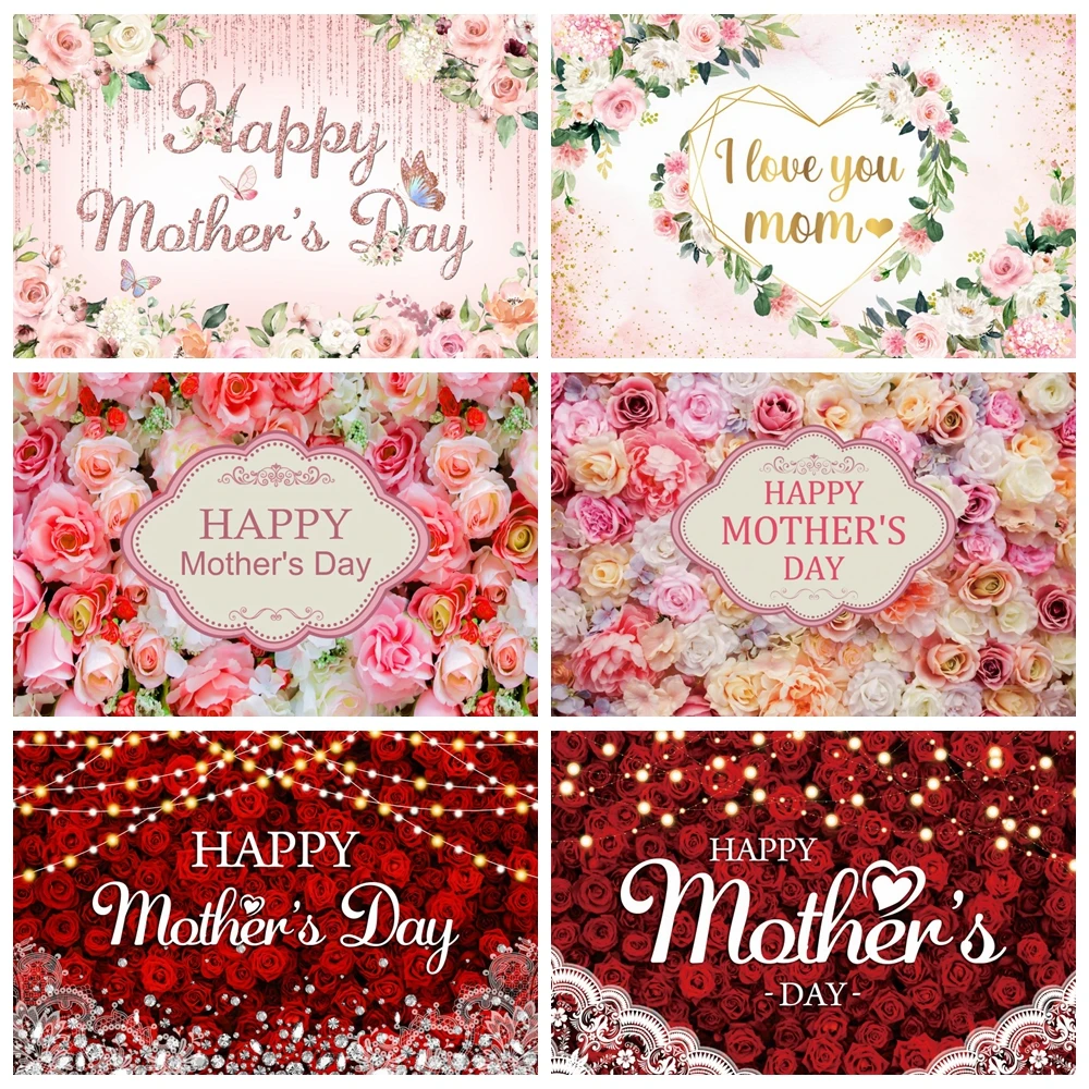 

Happy Mother's Day Backdrop for Photography Pink Floral Flower Best Mom Day Birthday Photo Background Thanks Mother Party Props