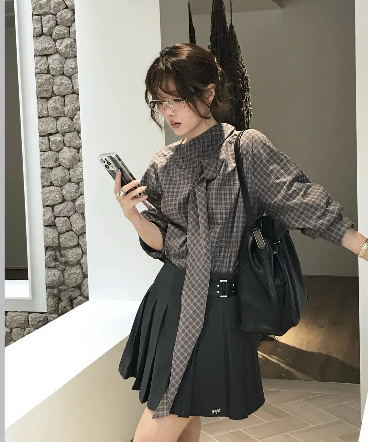 

Autumn Spring 2026 Korean Chic Style Vintage Lace Up Collar Long Sleeve Plaid Shirt Female Outwear Blouse tops(cs3321)