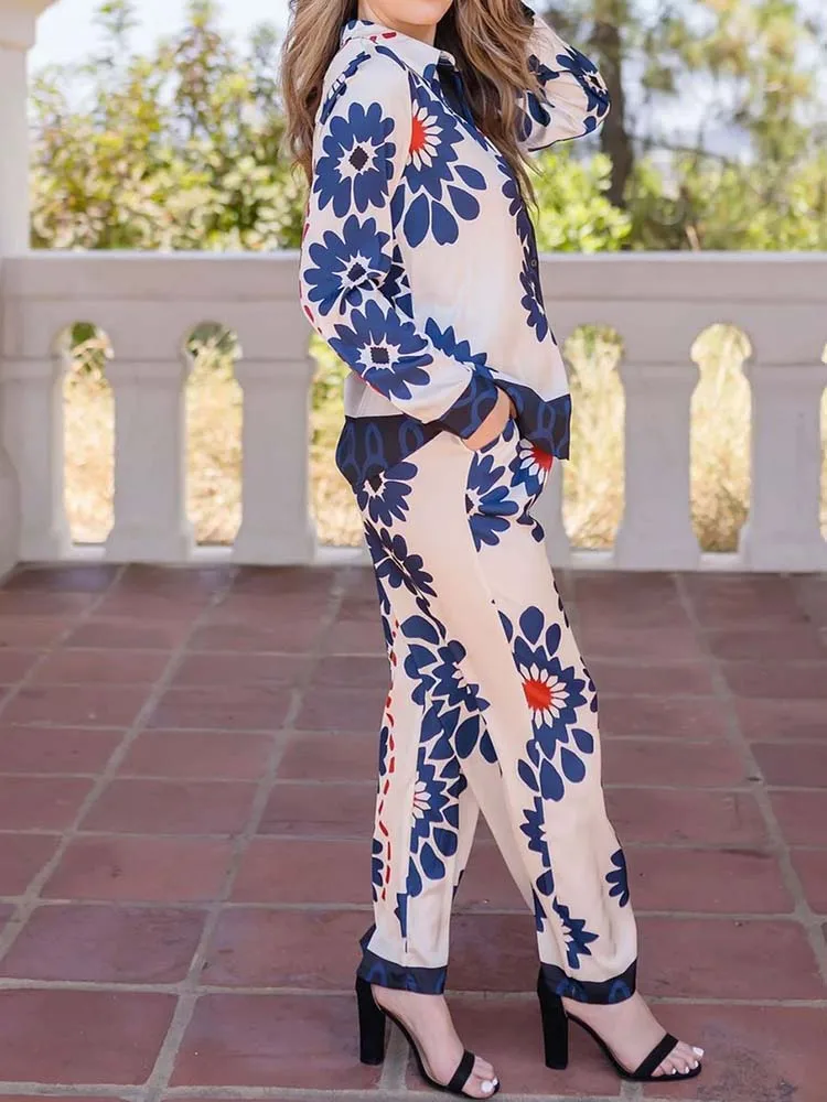 

Casual Printed Women's Vintage Outfits Elegant Single Breasted Shirts & Wide Leg Pants Sets Autumn New Lapel Pocket Commute Sets