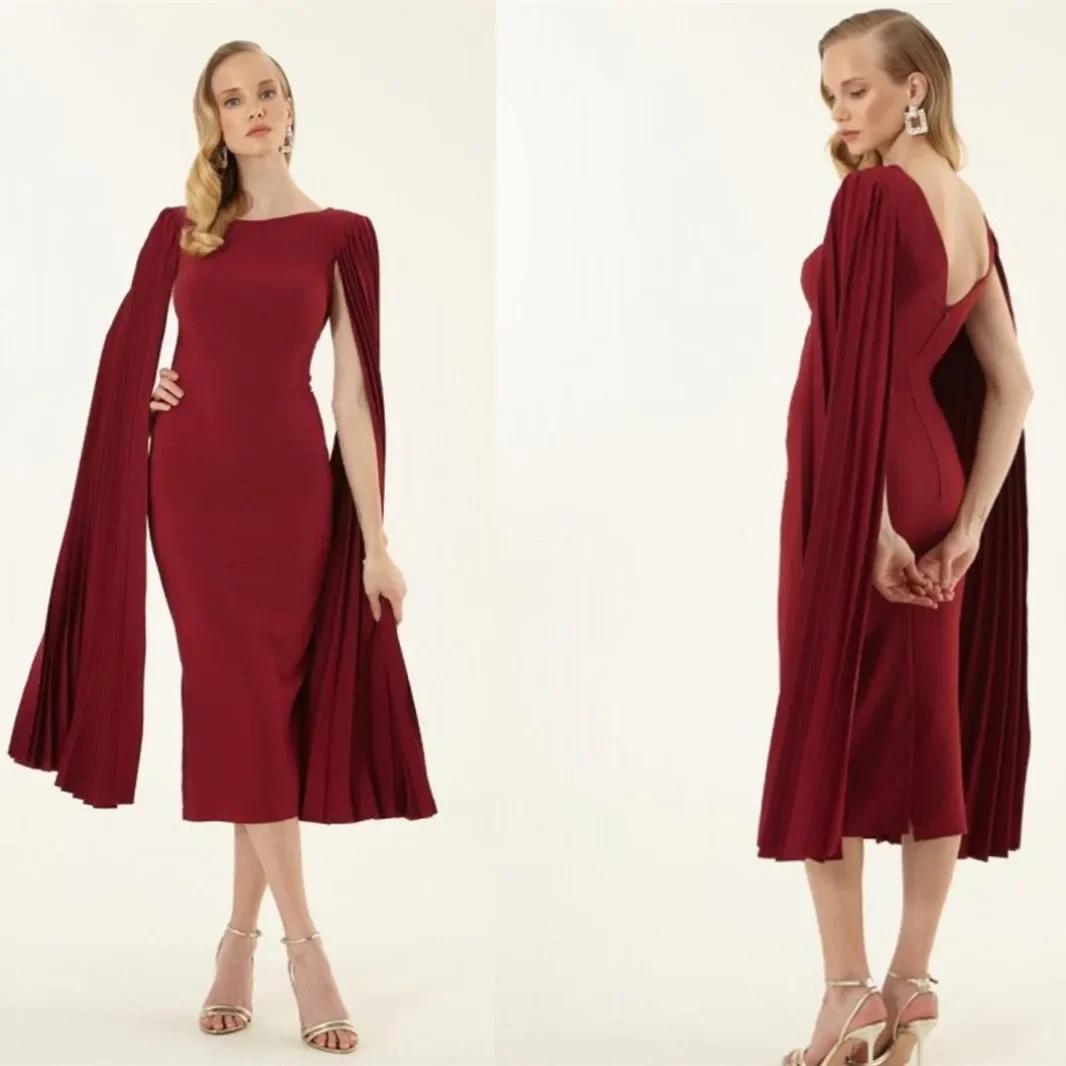 Elegant Short Burgundy Crepe Evening Dresses with Slit/Cape Sheath O-Neck Tea Length V-Back Prom Dress for Women