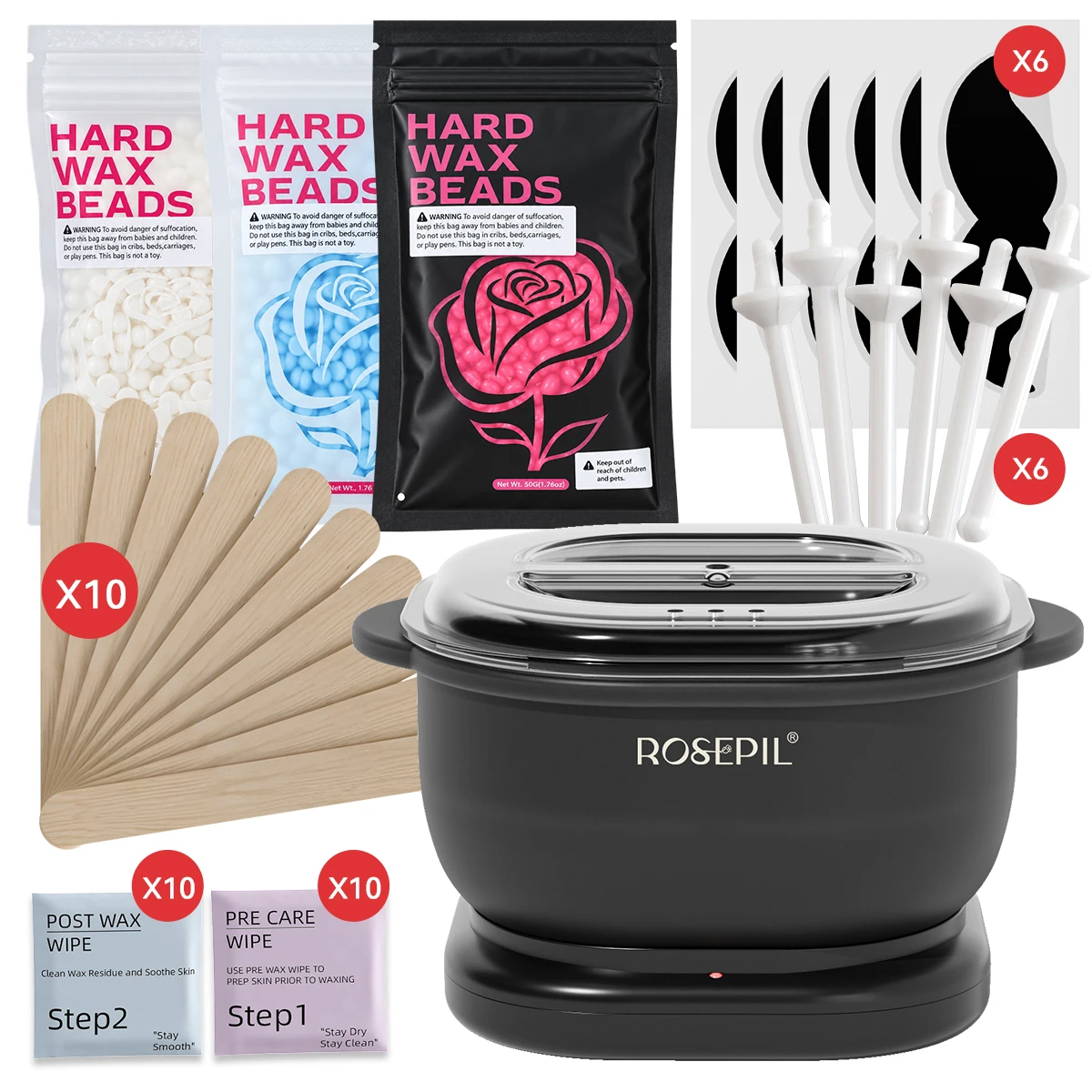 ROSEPIL Portable Wax Heater Kit 46Pcs Wax Beans OneKey Operation Silicone Liner Easy Clean Gentle Full Body Hair Removal US Plug