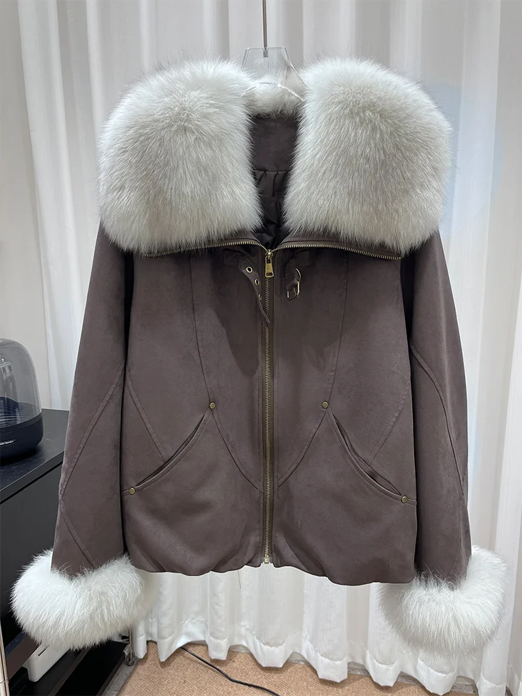 

New Fashion Autumn Winter Real Fox Fur Collar Cuffs Coat Women Natural Goose Down Jacket Luxury Puffer Jackets Hot Sale