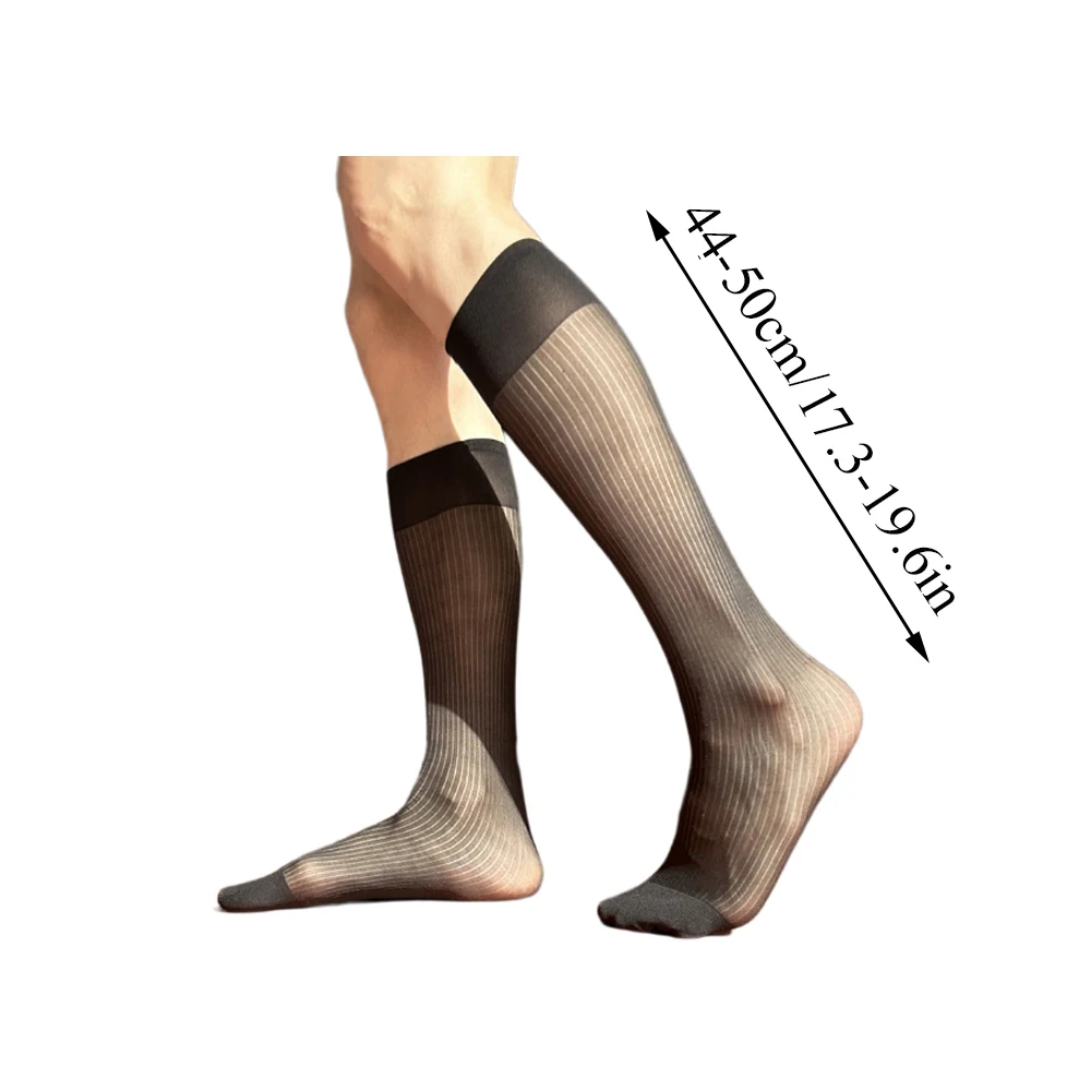 1 Pair Men Sexy Business Socks Striped Sheer Silky Socks Summer Office Stockings Breathable Thin Male Middle Stocking