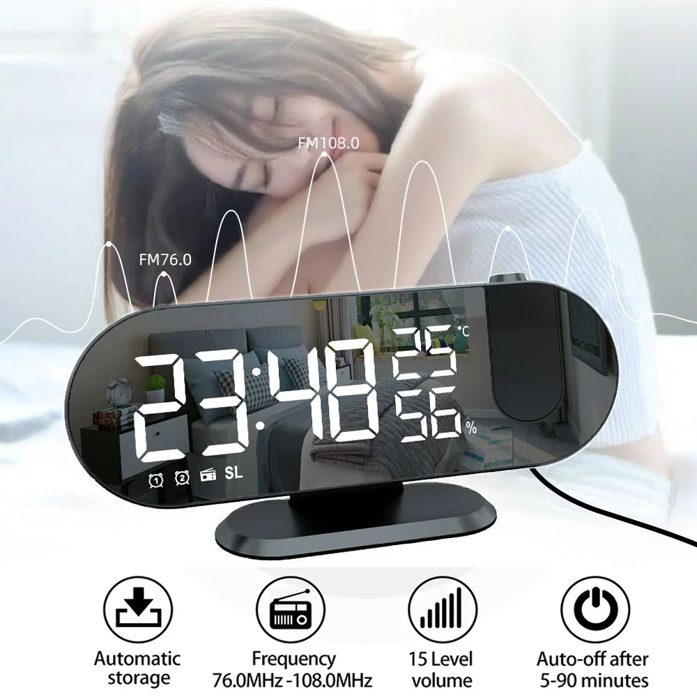 FM Radio LED Digital Smart Alarm Clock Watch Table Electronic Desktop Clocks USB Wake Up Clock with 180° Time Projector Snooze