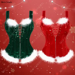 Red Corset Tops for Women Christmas Corset with Feather Santa Costume Carnival Sexy Overbust Corset with Straps