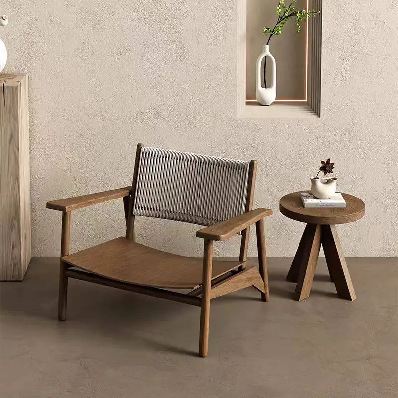 Retro sofa chair Outdoor rope woven single rattan chair Balcony Garden courtyard Solid wood preservative furniture Ash wood