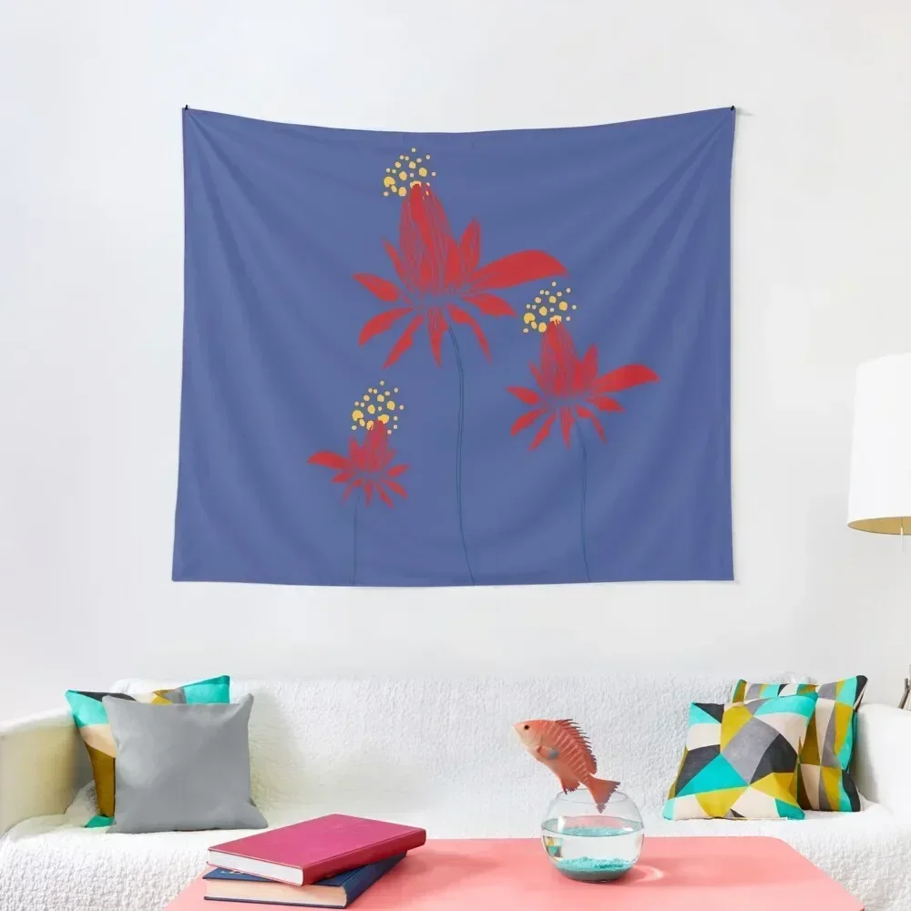 

Placement Artwork. Red flowers with yellow details on blue background Tapestry House Decoration Tapestry