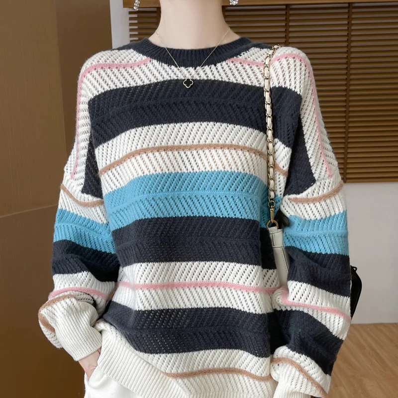 New Women's 100% Wool Striped Hollow Out Sweater O-neck Long Sleeve Pullover Autumn Winter Cashmere Knitwear Chic Tops