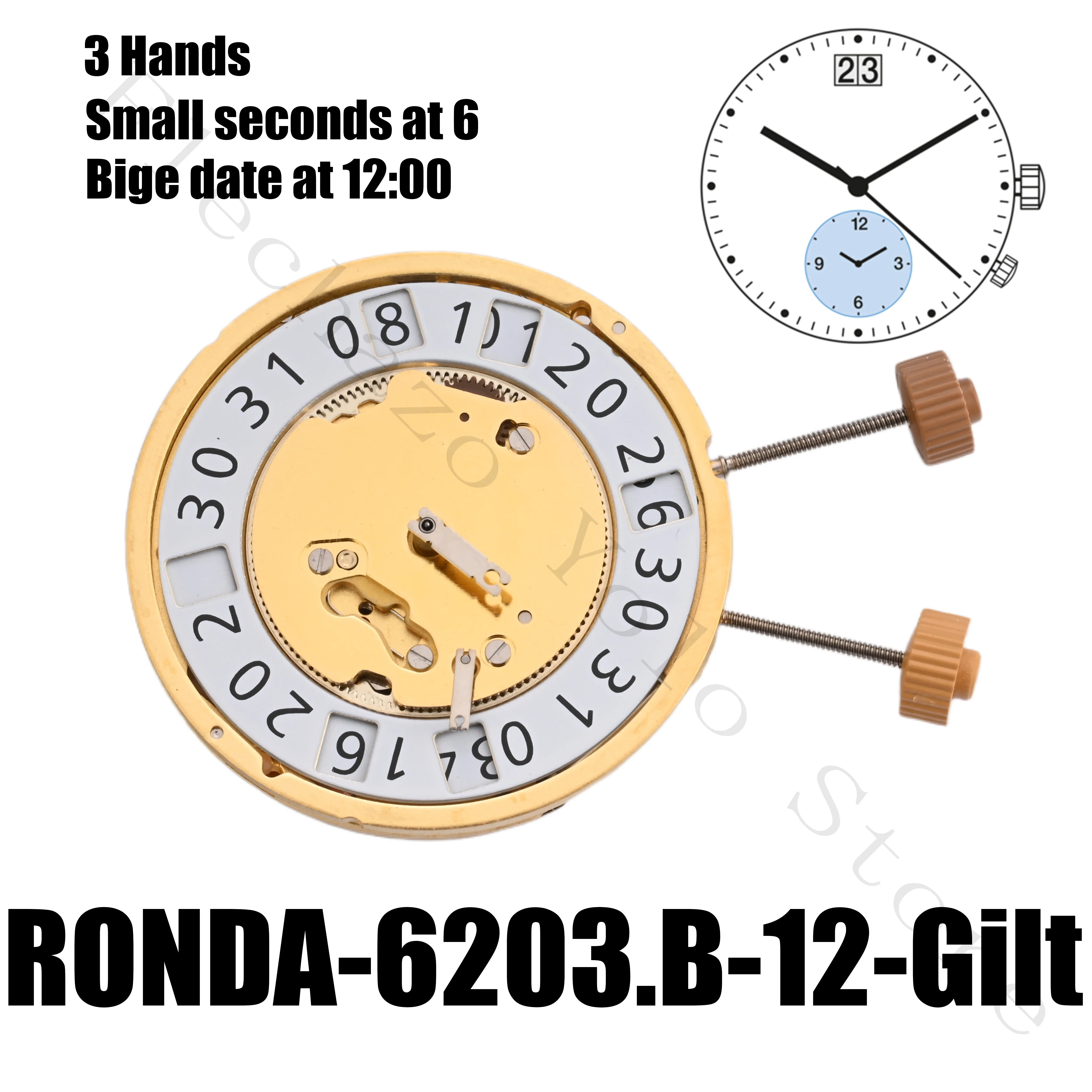 أجزاء إصلاح حركة ساعة كوارتز لروندا 6203.B حركة ساعة مذهبة 3 عقارب تاريخ عند 12 مع ملحقات البطارية #2