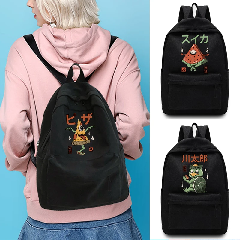 

Casual Travel Backpack Student School Bag Large Capacity Laptop Bag Canvas Cute-monster Print Unisex Organizer Shoulder Bag