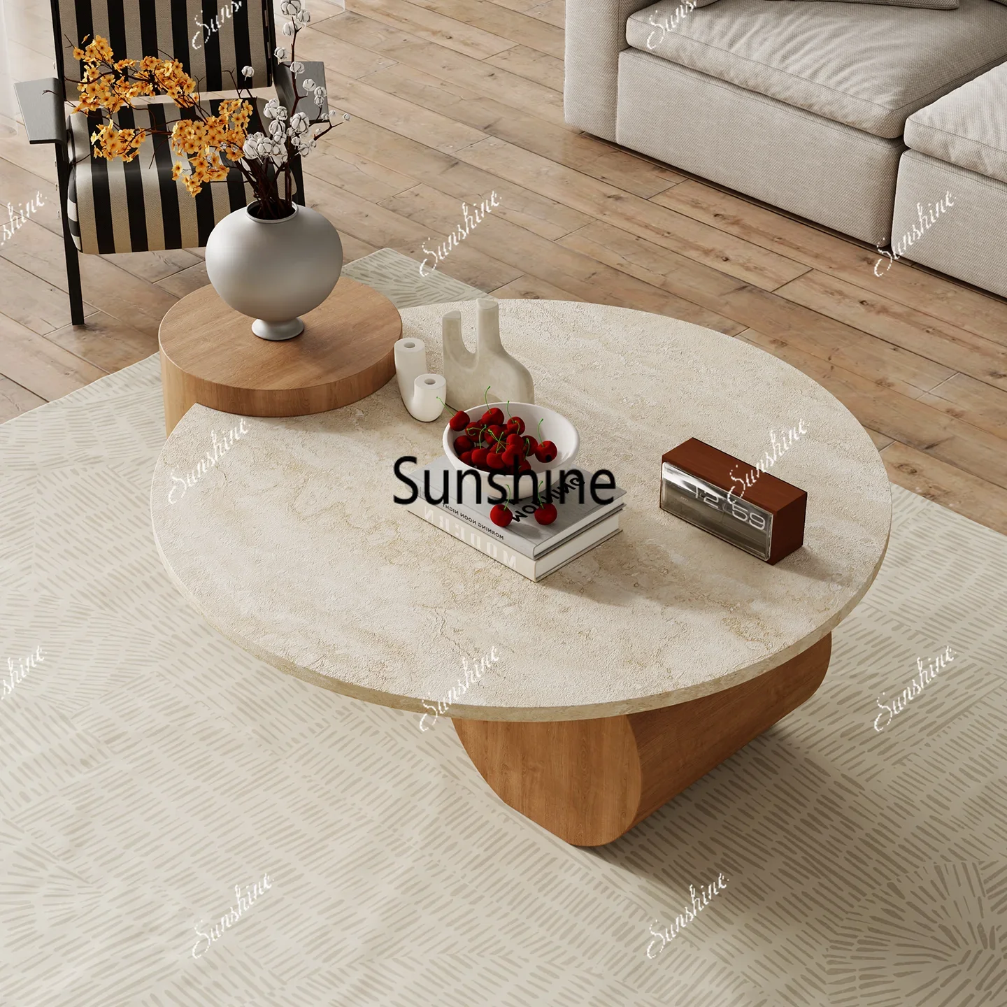 

YTravertine coffee table slate, wabi-sabi minimalist round living room home medieval light luxury design, creative