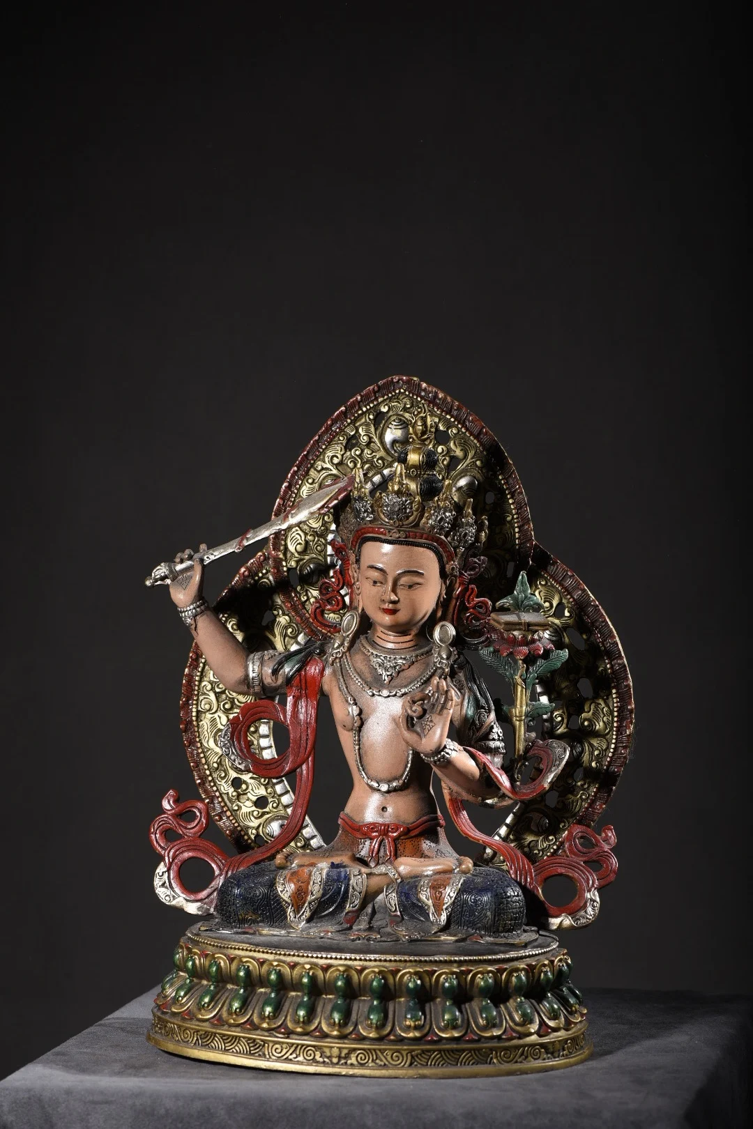 

12"Tibetan Temple Collection Old Bronze Painted Manjushri Bodhisattva Buddha Backlight Sitting Buddha Worship Hall Town house