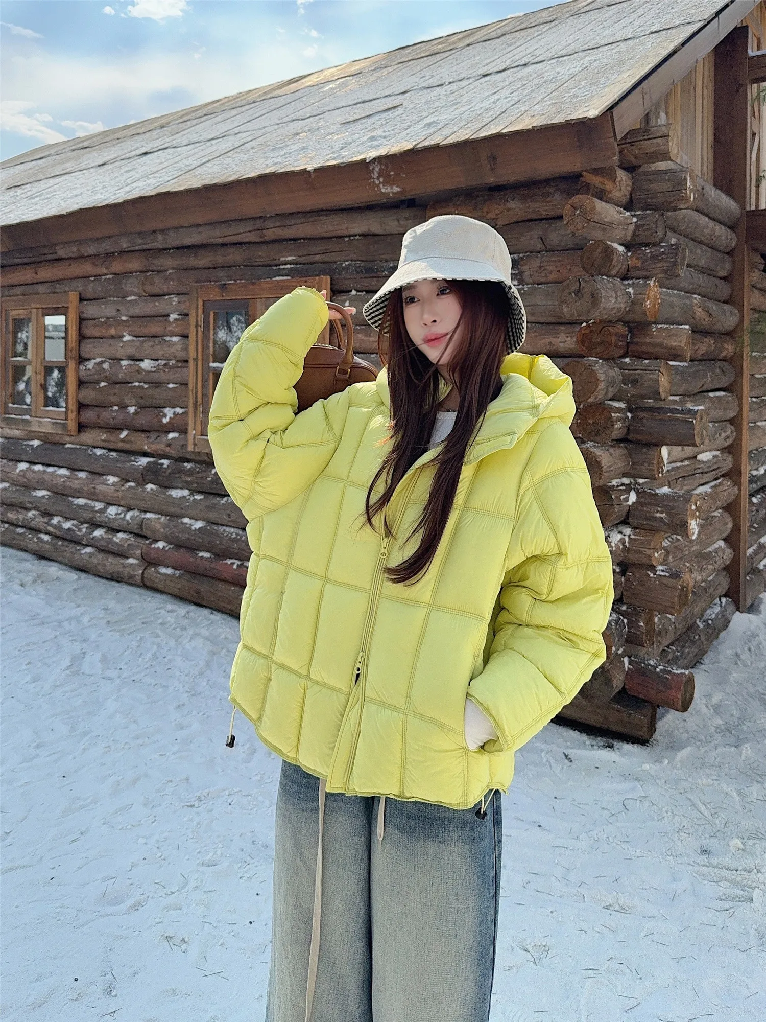 Women Winter Short Down Cotton Jacket Hooded LooseKorean Style Square Patterned Coat