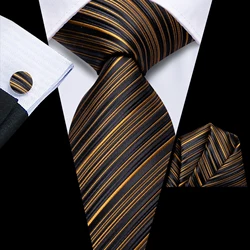 Hi-Tie Striped Silk Ties For Men Orange Golden Black Handky Cufflinks Set Fashion Gift Men's Tie Wedding Business Necktie