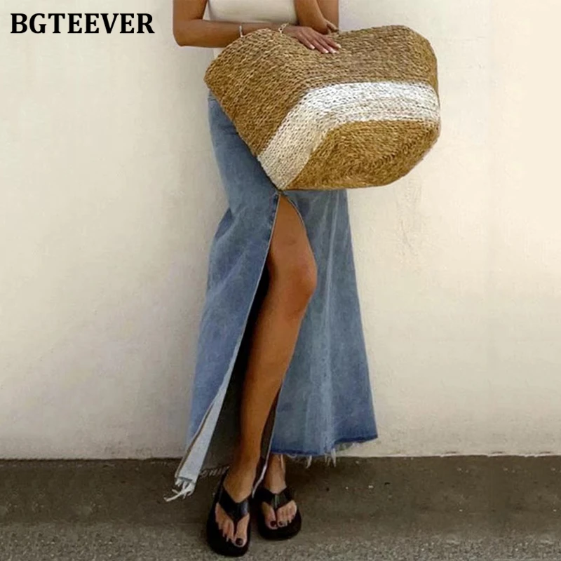 BGTEEVER Stylish Loose Split Denim Skirts Women High Waist Button Straight Jeans Skirts Female Spring Summer