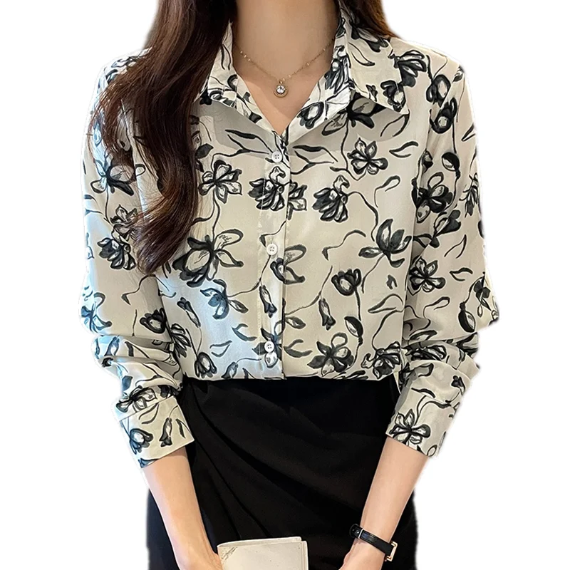 2024 New Spring Autumn Women Turn-down Collar Long Sleeve Loose Fit Shirt High Quality Elegant Vintage Print Floral Shirt