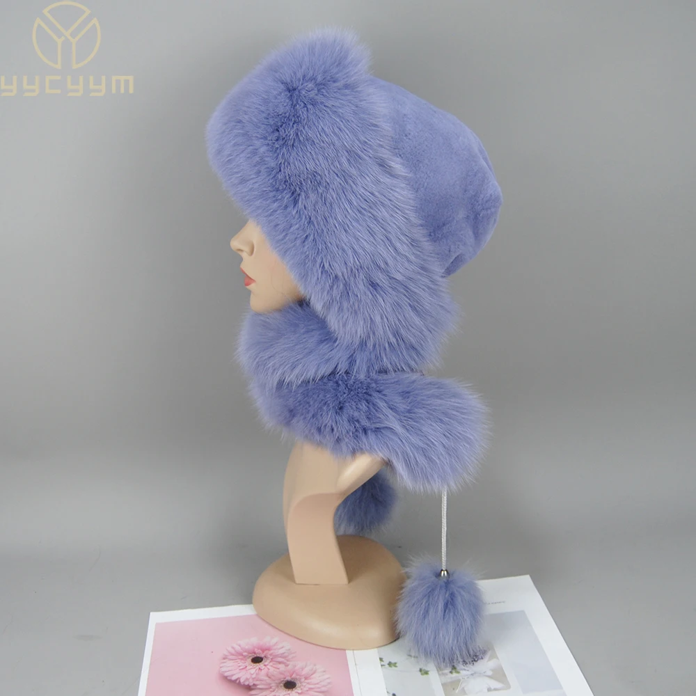 Women's Real Fox Fur Hat Scarf Mongolian Bomber Hat Ladies Winter Warm Fox Fur Earflap Caps Russia Winter Real Fur Hat