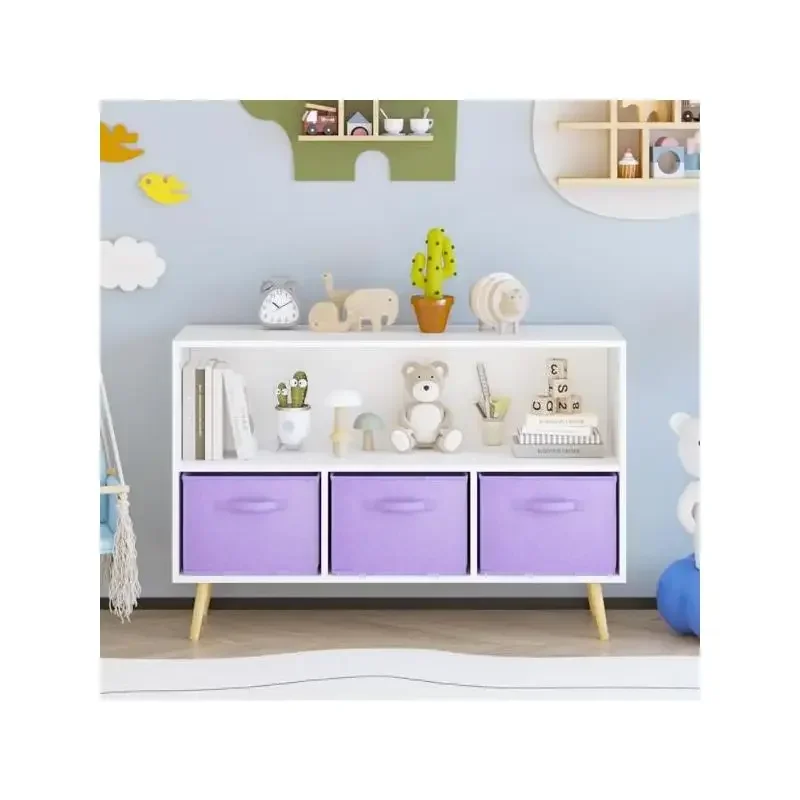 Kids Bookcase with Collapsible Fabric Bins, Children's Book Display & Toy Storage Organizer, White & Purple Design, Perfect for