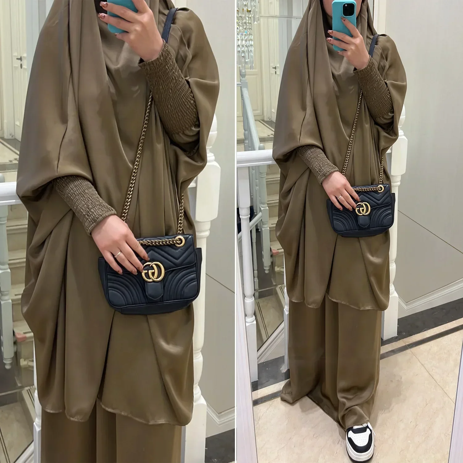 Ramadan Eid Jilbab 2 Piece Set Muslim Women Prayer Garment Abaya Dress Long Khimar Robe Niqab Islam Dubai Clothes Djellaba Burka