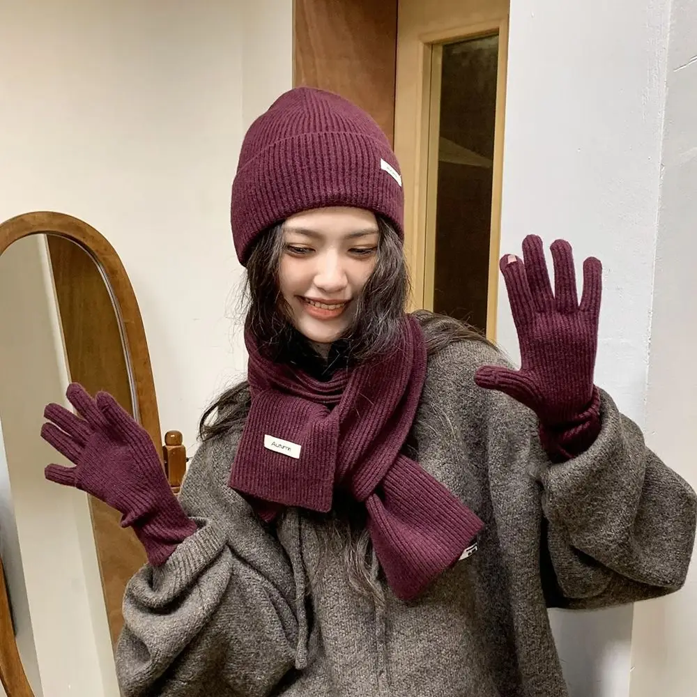 Thermal Protection Solid Color Hat Scarf Gloves Set Warm Wool Thermal Knit Cap Thickened Thicken Winter Beanie Hat Hiking
