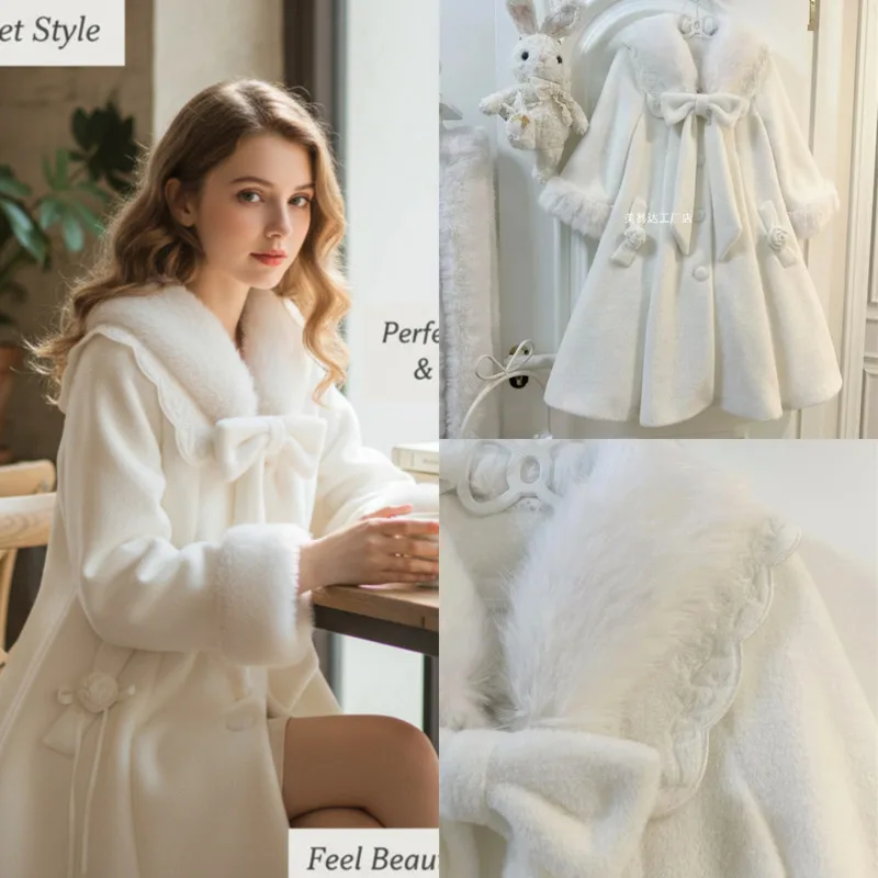 

Bow Christmas Ball Coat Y2K Sweet Cute Light Lolita Wool Blend Long Coat Loose Fit Mid-Length Winter Elegant Warm Outerwear New