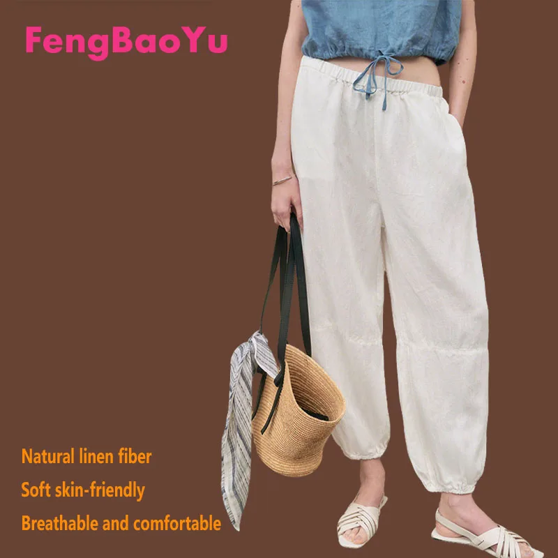 

Женские брюки Fengbaoyu из 100% натурального льна, свободные, А-силуэта, для активного отдыха, повседневного спорта, бега, больших размеров